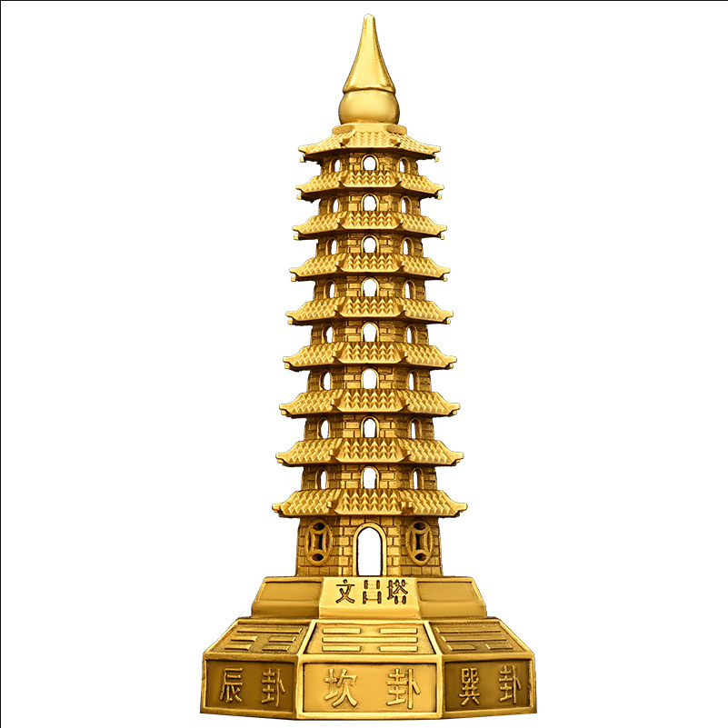 Pure Copper Nine-layer Wenchang Tower Bronze Statue Ornaments Brass Bagua Wenfeng Tower Desk Office Desktop Decorative Crafts