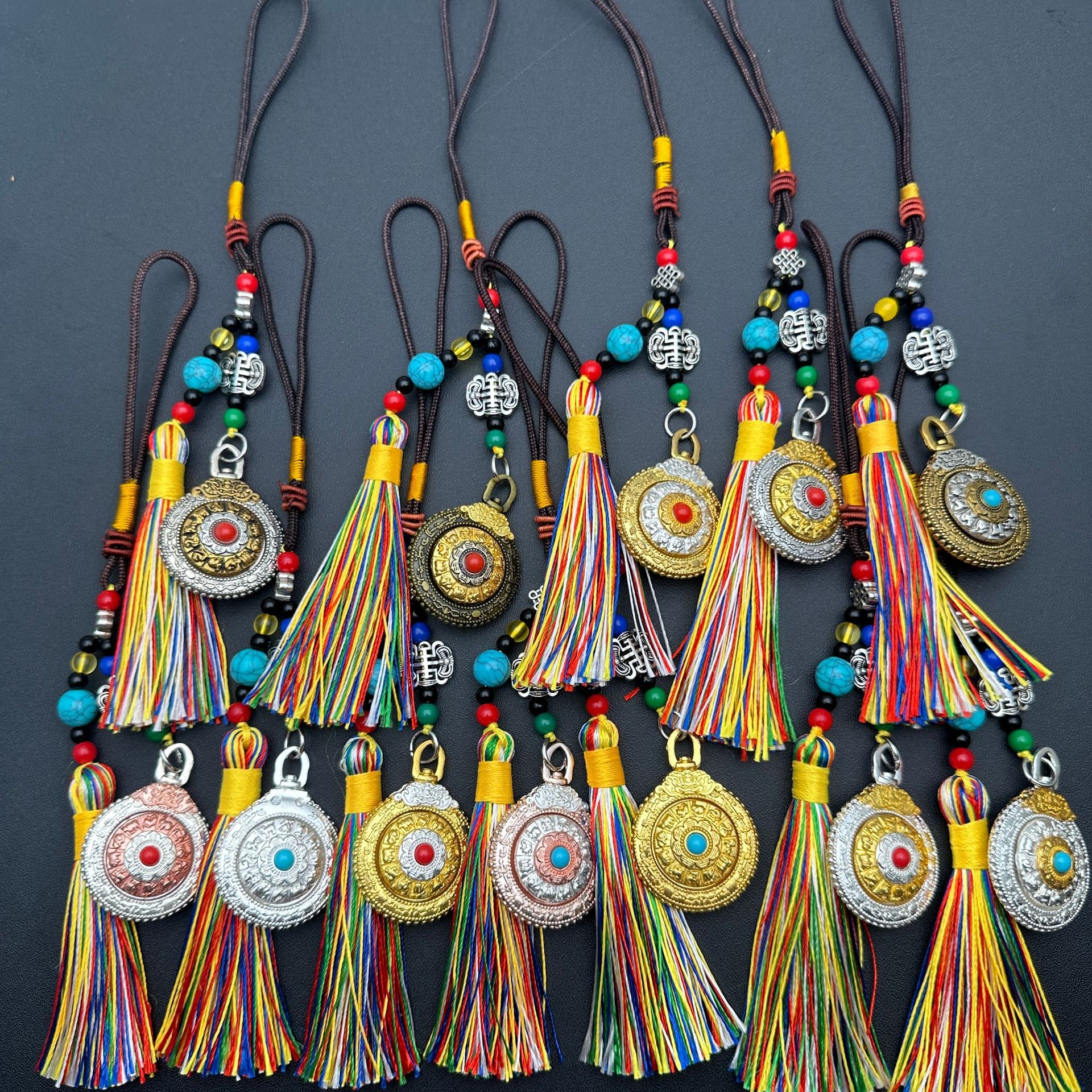 Xizang Jewelry Nine Palaces and Bagua Twelve Zodiac Signs Double-Sided Rotatable Ethnic Style Ancient Burnt Blue Pendant Bag Hanging Accessories Xizang Style