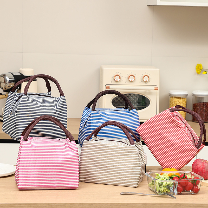 Fashion trapezoidal stripe portable lunch bag insulation lunch box bag foreign trade cross-border lunch bag aluminum film with rice bag wholesale