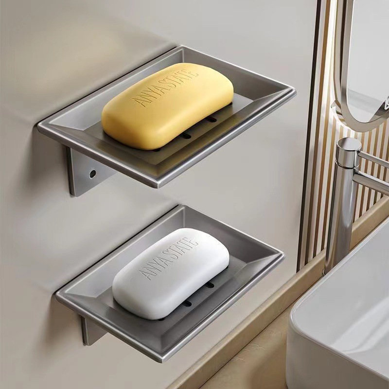 Серый контейнер для мыла для ванной, креативный, с дренажем, алюминиевый, без сверления, настенный