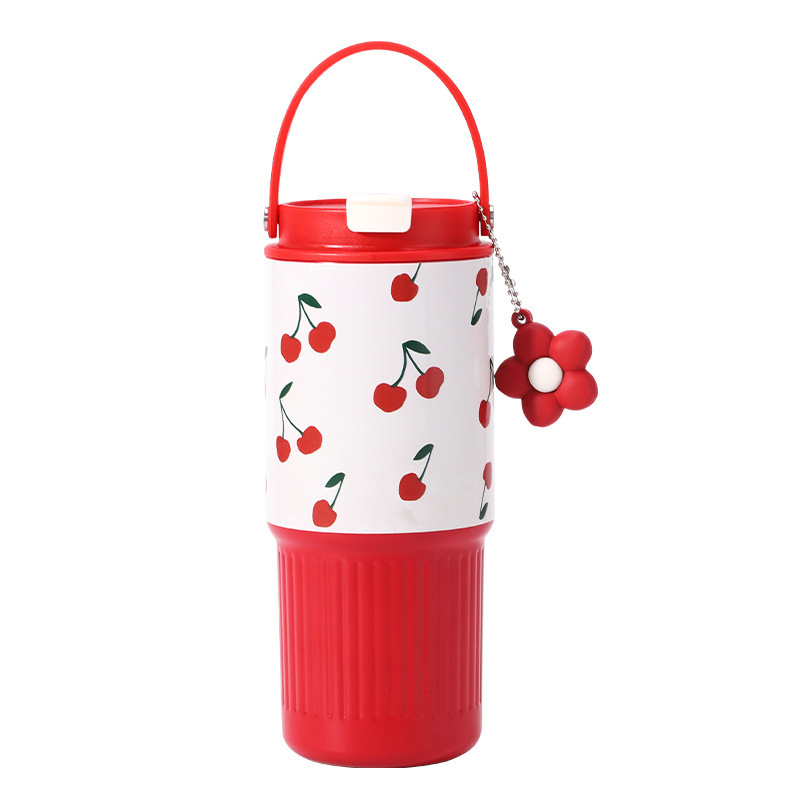 New 304 Stainless Steel Thermos Cup Creative Plaid Large Capacity Ice Cup with Handle Straw Car Cup Wholesale