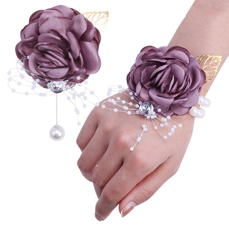 769 Wedding Corsage Wholesale Wrist Flower Pearl Rhinestone Corsage Bride Groom Pin Satin Rose Gold Leaf