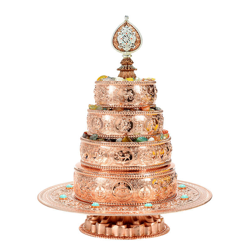 Red Copper Manzha Plate Eight Auspicious Carved Manda Plate Desktop Ornaments Xizang Household Manzha Luoxiu Plate Complete Set