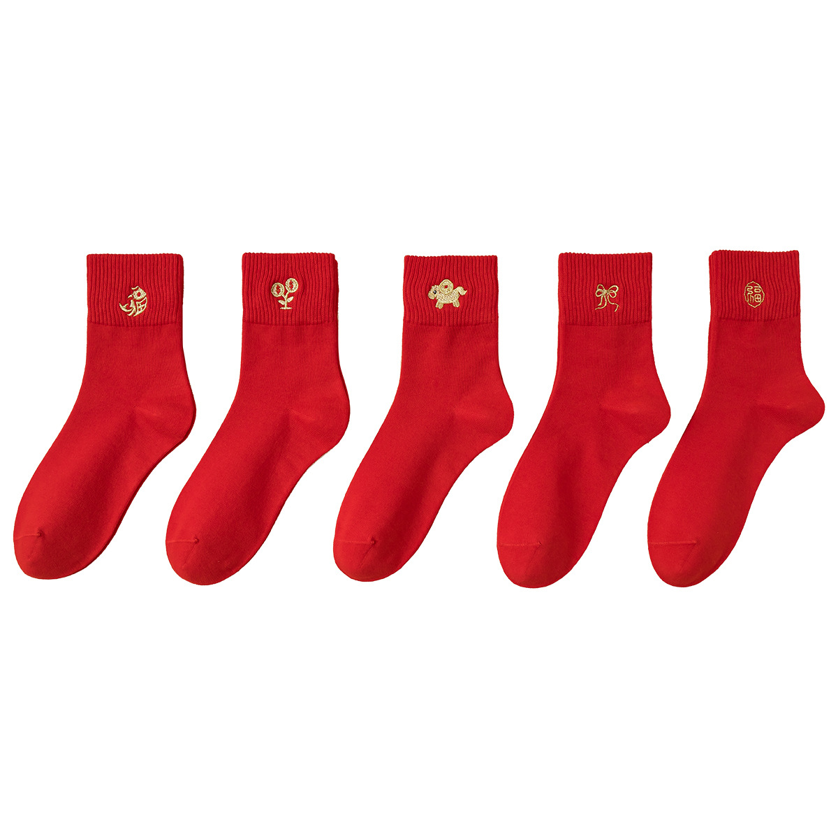 Year of the Horse Red Socks for Women, Mid-Calf Embroidered Seamless Cotton Socks, 2026 New Year Wedding Autumn/Winter Horse Year Red Socks