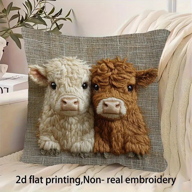 Cross-Border Hot-Selling Highland Cow Pillow Cover, Skin-Friendly Short Plush, Cute Animal Print Sofa, Living Room Decorative Cushion Cover