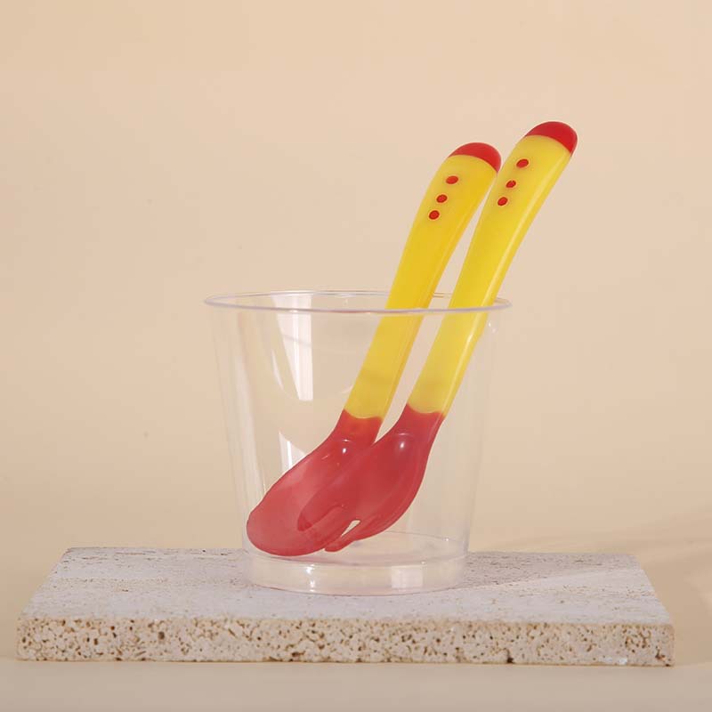 Baby's Temperature Spoon Fork Feeding Spoon Temperature Discoloration Baby Soft Head Spoon Spoon Feeding Spoon Anti-scalding Tableware suit