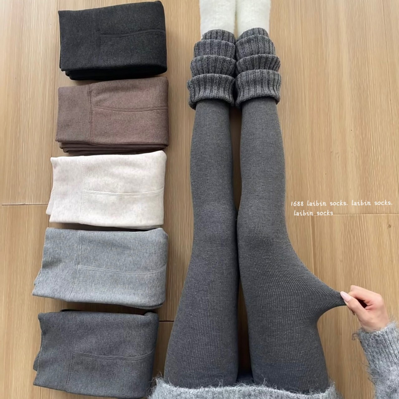 330g Vertical Striped Cotton Leggings Gray Women's Autumn and Winter New Fleece-Lined Thickeneded Warm Autumn Pants Japanese Style Style Pantyhose