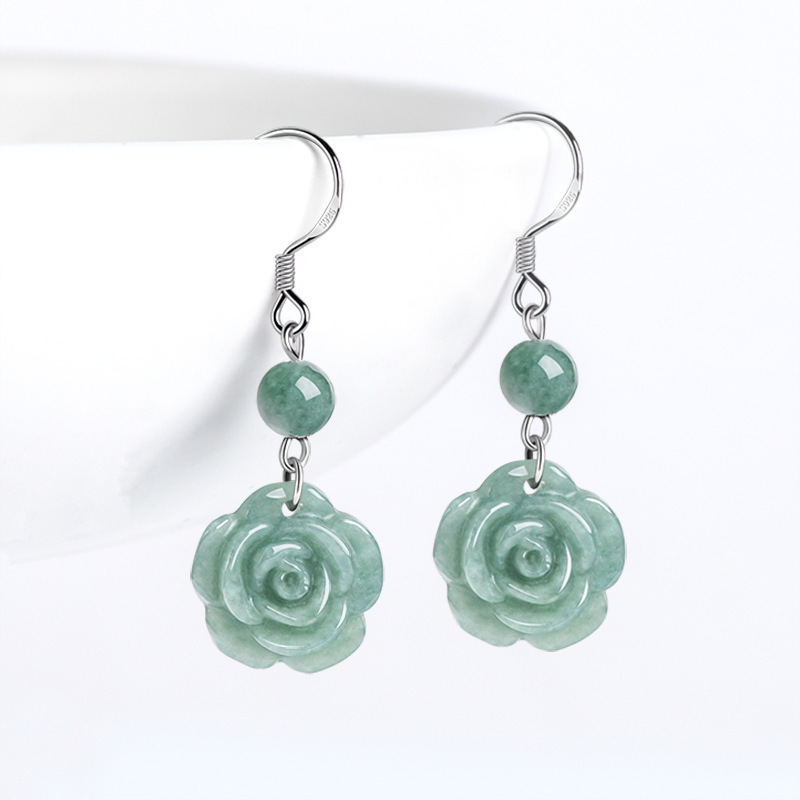 Authentic Natural A-Grade Jadeite Bean Green Rose Earrings S925 Silver Ice Jade Fashion Women's Earrings Earrings
