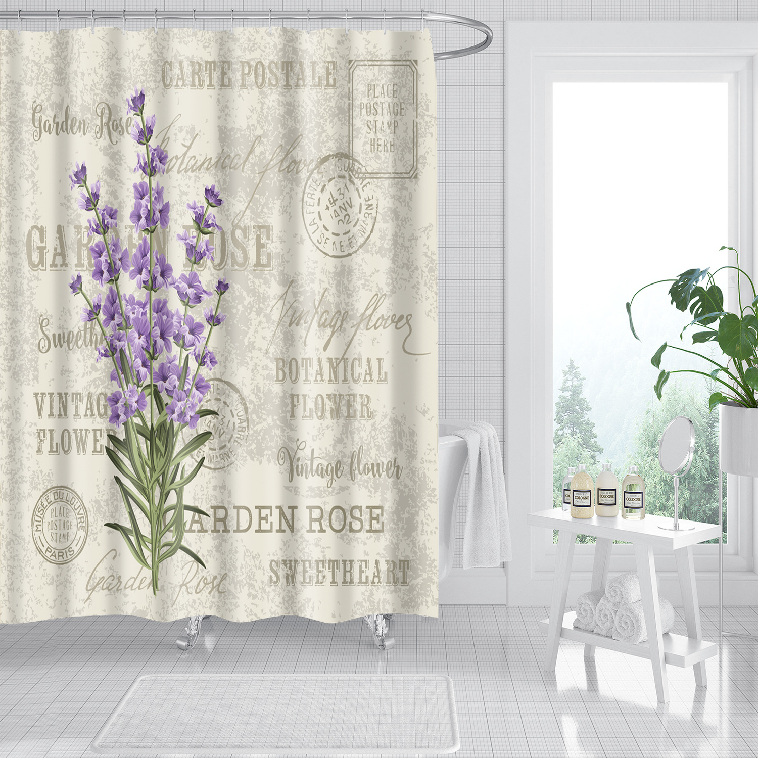 Factory spot Amazon cross-border shower curtain polyester printed fabric partition curtain dry and wet separation waterproof mildew-proof Bath Curtain