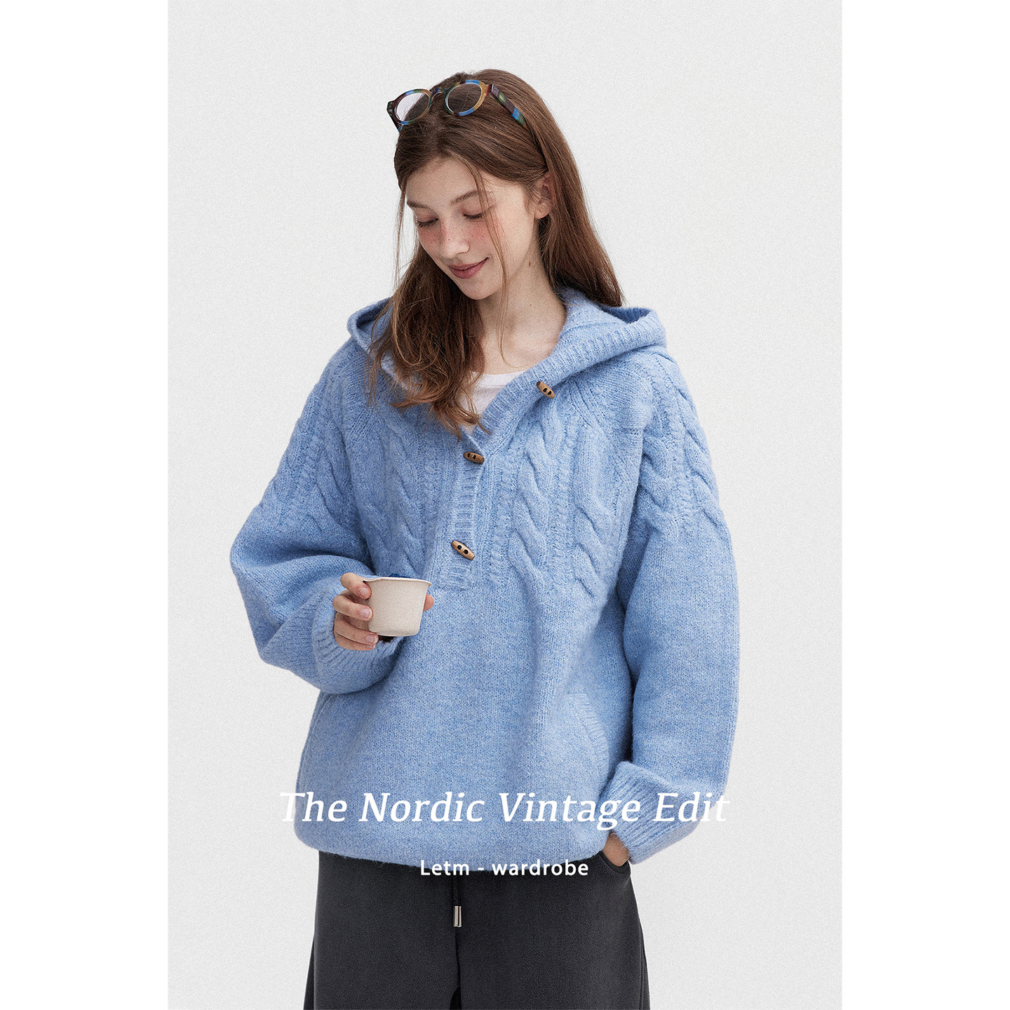 Letm Scandinavian Retro Wool Fluffy Cable Half Placket Horn Button Hooded Sweater for Women