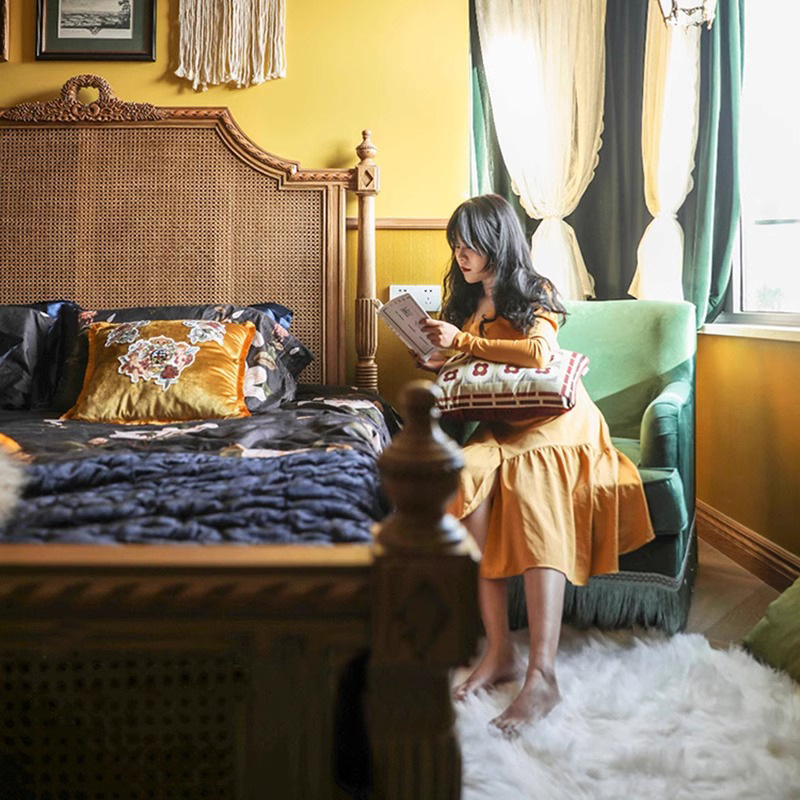 Hepburn Bed Solid Wood Rattan B&B Hotel Double Bed Retro Engraving 1.8m Master Bed