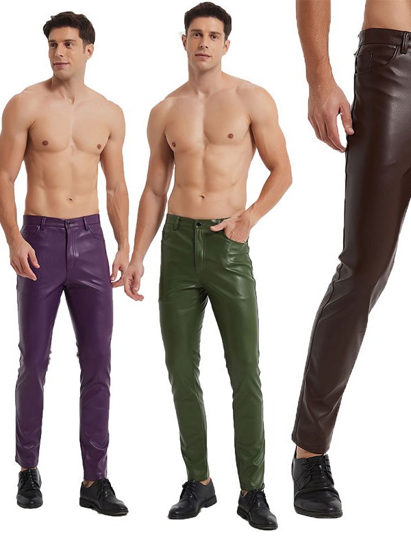 Shilin autumn and winter new leather pants men's plus size cross-border Men's skinny pants tight stretch trendy motorcycle purple brown wholesale