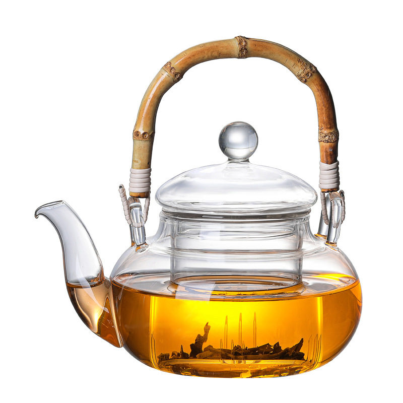 Factory glass teapot vintage bamboo handle Beam Pot glass tea set thickened high temperature resistant fruit red teapot scented tea