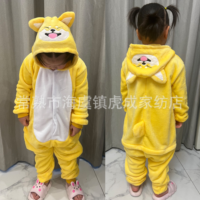 2024 New Winter Flannel Cartoon Anime Chai Dog Grey Hippo Bulldog Children Adult Animal One-piece Pajamas