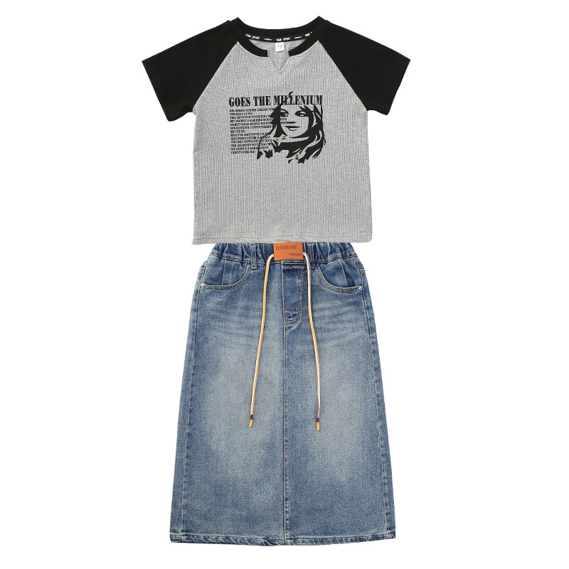 Outer Wholesale Girls Denim Skirt Summer New Korean Style Western Style Casual Denim Skirt for Older Girls Mid-Length