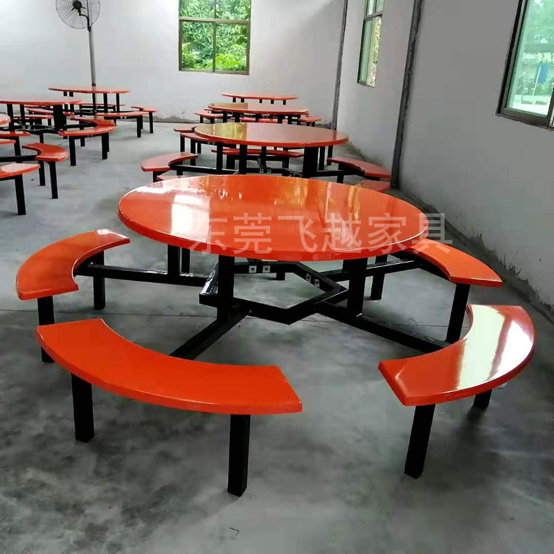 Fiberglass Round Table Staff Canteen Dining Table Unit Factory School Cafeteria Dining Table with Integrated Round Curved Stools for 8 People