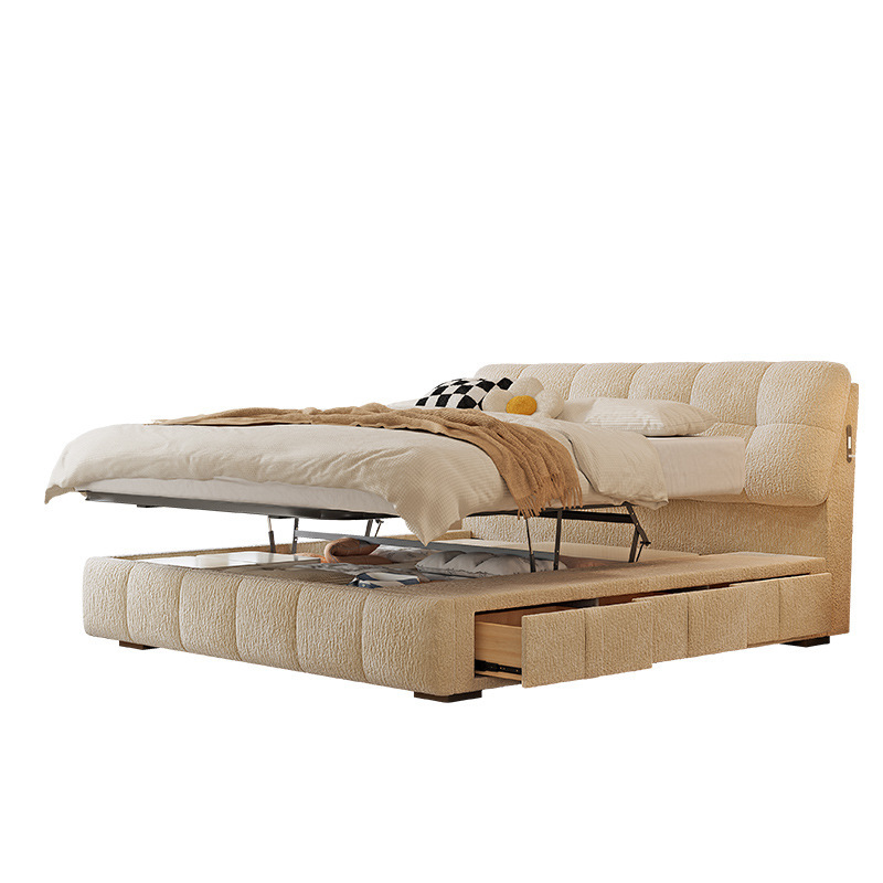 French-Style Cream Chenille Puff Bed Master Bedroom Double Drawer Storage Sliding Fabric Bed
