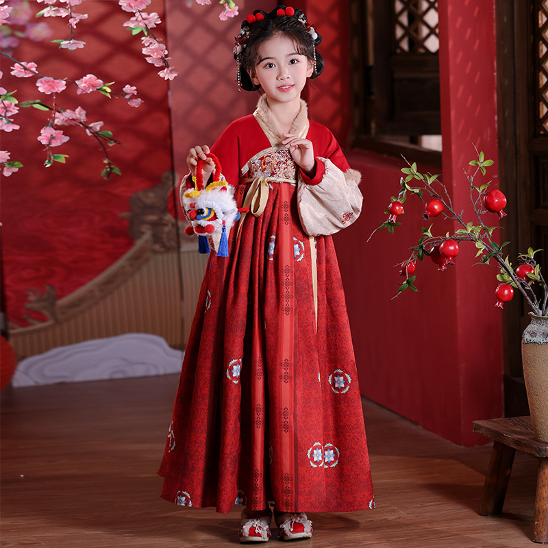 Hanfu Winter Fleece-Lined Traditional Chinese New Year Outfit for Girls, Autumn and Winter Thick Tang Suit Dress