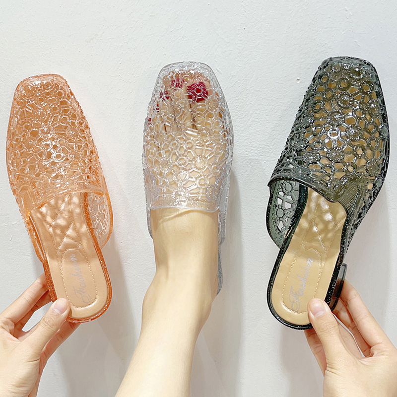 Thick Heel Height Increasing Mom Plastic Crystal Hollow Baotou Sandals Women's Summer Outer Wear Half Slippers Casual Non-Slip Simple