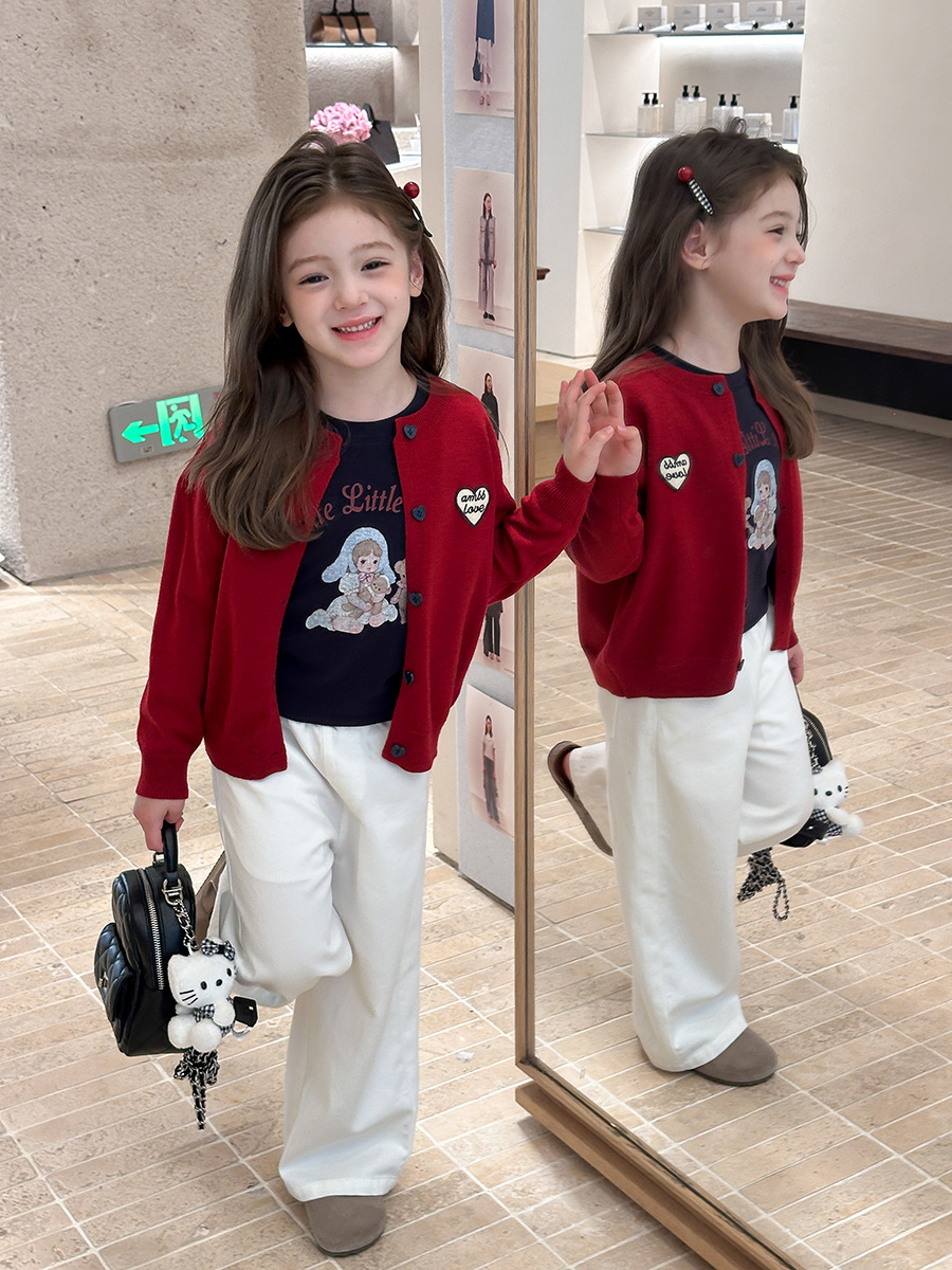 Aimobeibei 2025 Autumn New Korean Style Versatile Heart Letter Sweater Cardigan Knitted Jacket for Boys and Girls