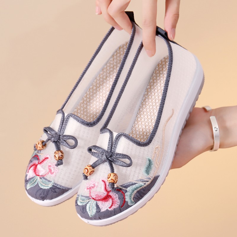 Old Beijing Cloth Shoes for Women, Summer Mesh Breathable Hanfu Embroidered Shoes, Soft-Soled Shallow Mouth Women's Shoes with Hollow Design