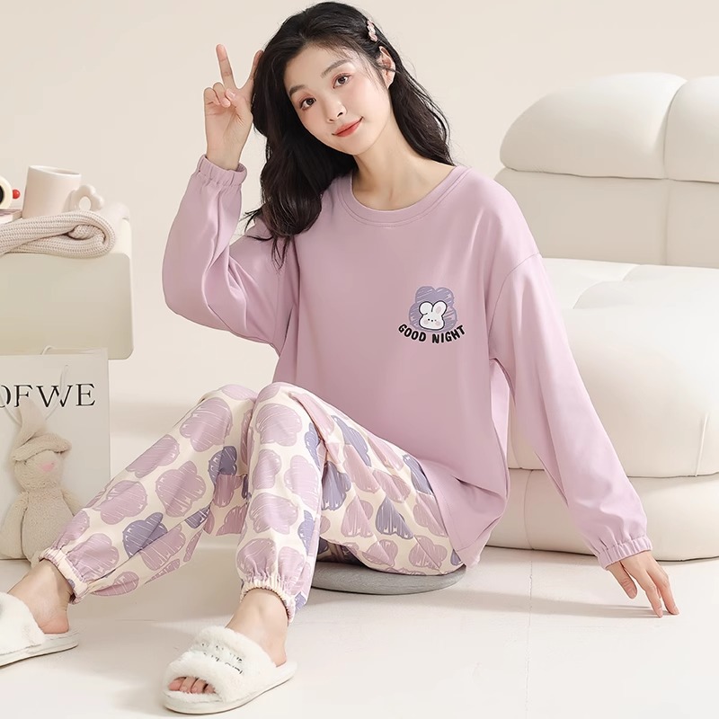 Factory Direct Sales Spring, Autumn and Winter New Pure Cotton Pajamas for Women Cute Cartoon Long-Sleeved Suits Casual Women's Home Clothes