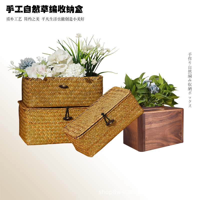 Ручная соломенная корзина для хранения, настольная отделка, свадебная подарочная коробка, художественные пасторальные хозяйственные принадлежности, коробка для хранения с крышкой