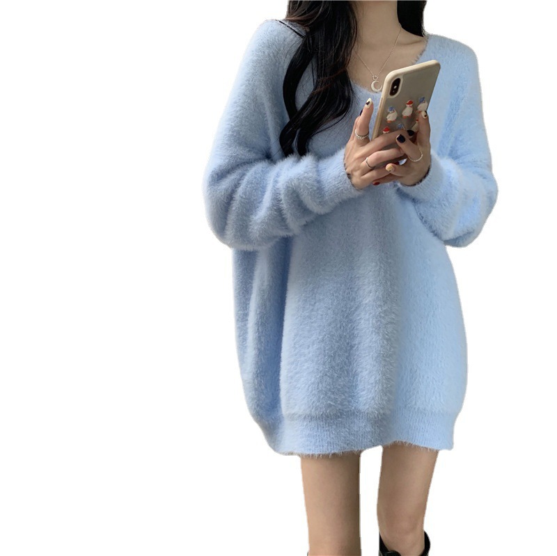 2025 Spring and Autumn Imitation Mink Knitted dress Autumn and Winter Big Sweater Lazy Wind Mao Mao Socialite Pullover Jacket Women's Fashion