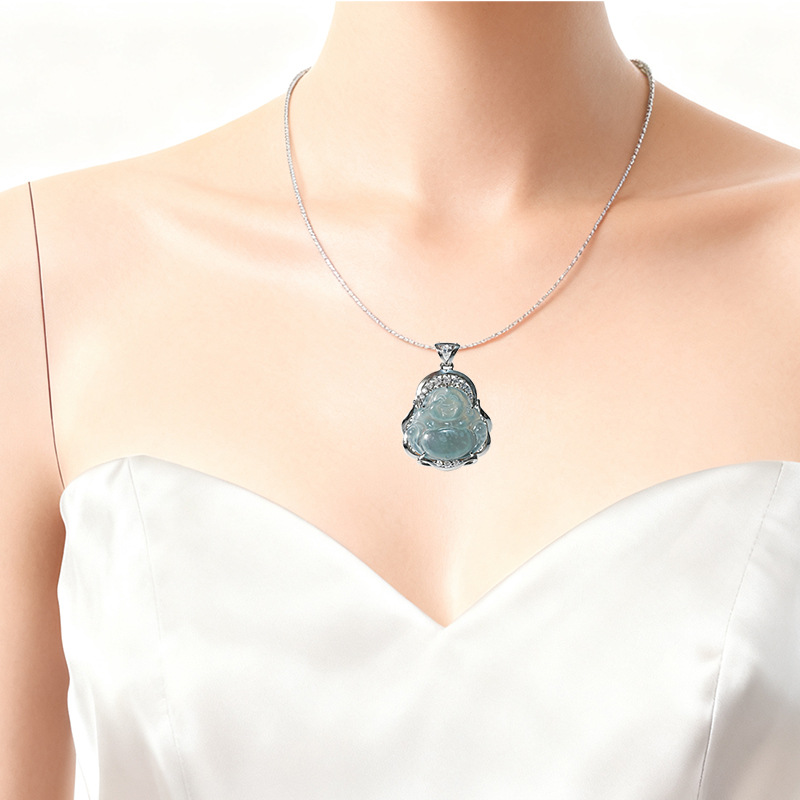 Platinum Pt950 Cultivated Diamond Jade Smiling Buddha Inlaid Full Diamond Pendant
