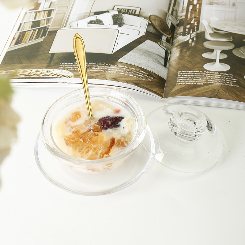 Japanese-style household creative three-piece glass bowl with lid transparent bird's nest bowl with golden edge glass bird's nest suit