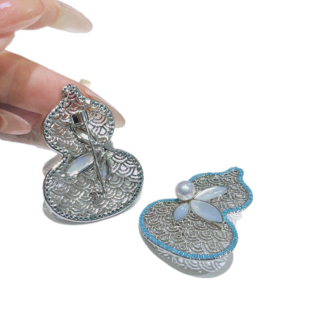 Popular Natural Freshwater Pearl Brooch Retro New Chinoiserie Cut Out Gourd Blue Turquoise Elegant Corsage Brooch Accessories