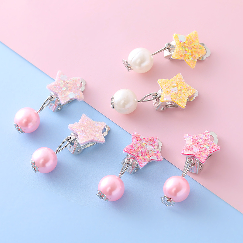 European and American Hot-Selling Children's Shiny Five-Pointed Star Ear Clips Imitation Pearl Pendant Earrings Fashionable Versatile Jewelry Ready for Sale