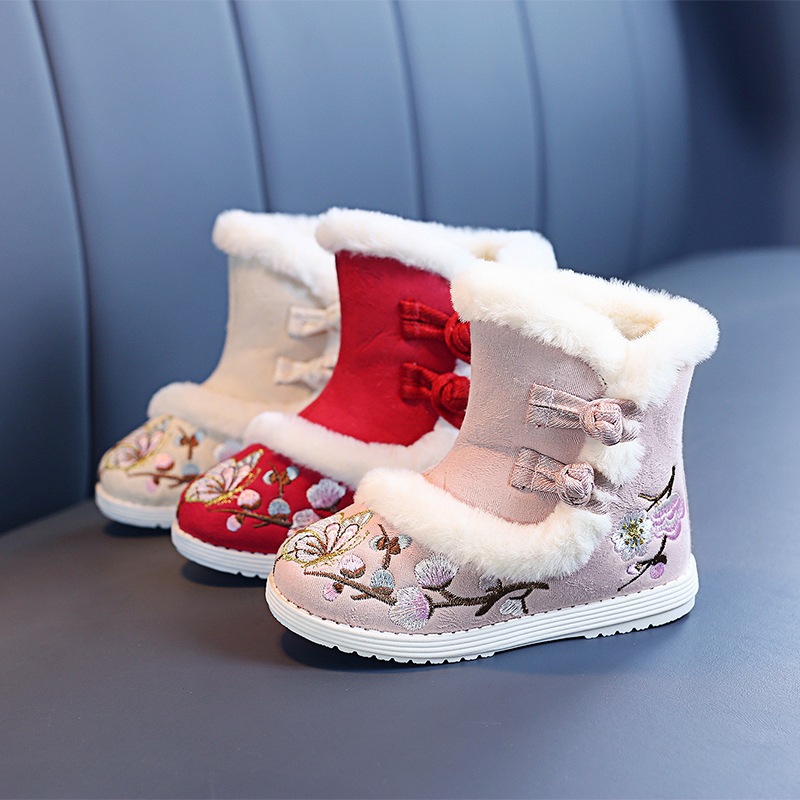 Hanfu Shoes Girls Autumn and Winter New Antique fleece-lined Thickened Cotton Boots Snow Boots New Year Children's Embroidered Shoes