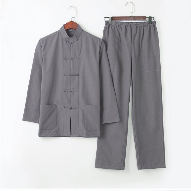 Traditional Chinese Men's Long-Sleeve Suit, Pure Cotton Coarse Cloth Tai Chi Uniform, Hanfu with Large Buttons, Dad's Outfit, Layperson's Clothing, Chinese Style