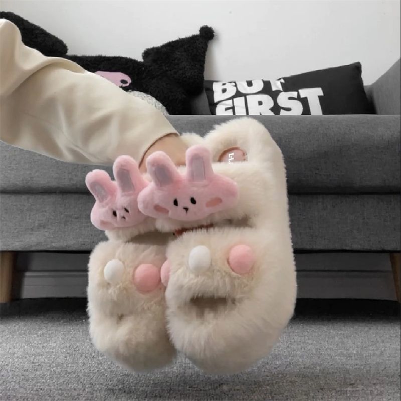 Sweet Style Rabbit Fur Shoes 2025 Autumn Internet Celebrity Fashion Street Soft Non-Slip Thick Soled Slippers