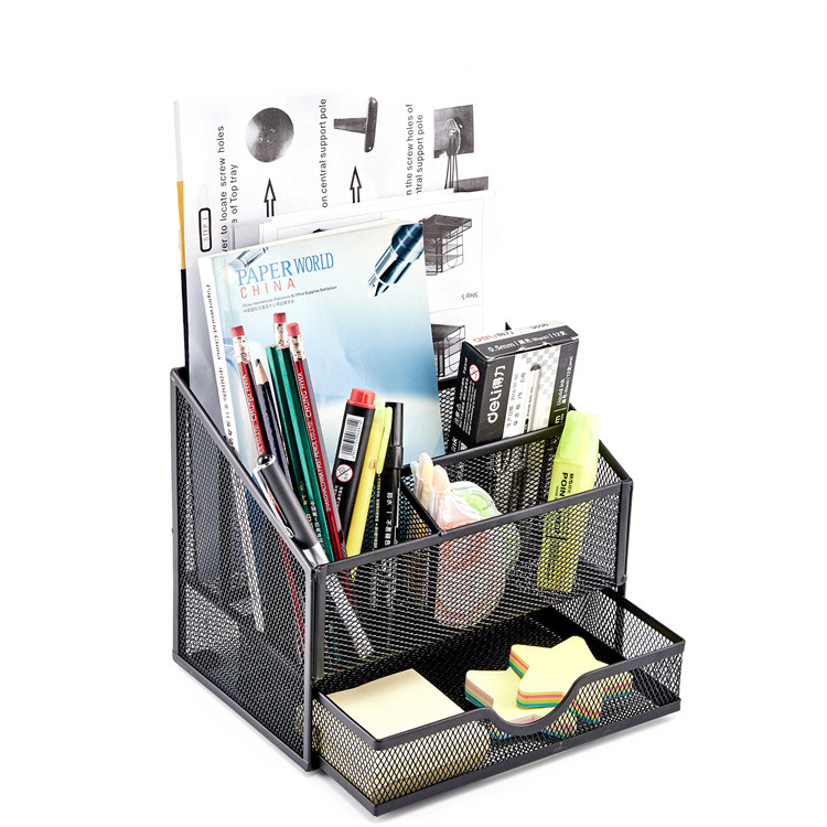 Metal Mesh Four-Compartment Pen Holder + Drawer Multi-Functional Letter Compartment Storage Box Office Storage Multi-Purpose Organizer