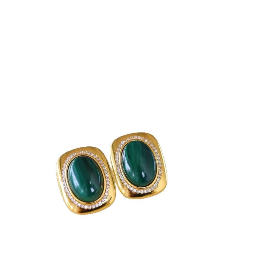 Natural Malachite S925 Silver Medieval Vintage European and American Retro Gold Earrings French Elegant and Simple Design