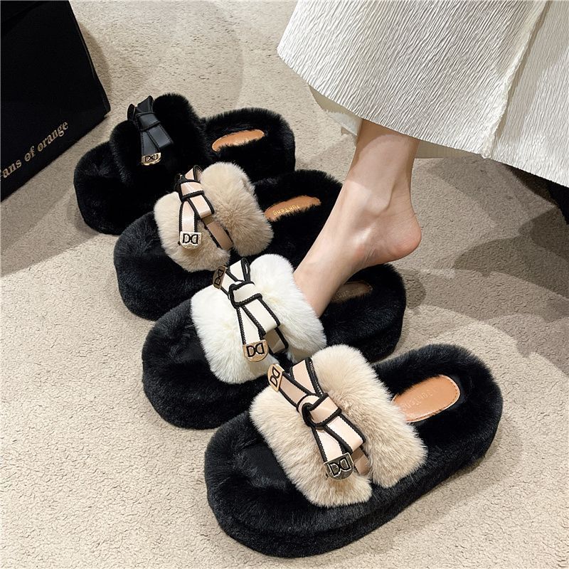 Thick-Soled Height-Increasing Plush Slippers for Women's Outer Wear 2025 New High-Looking and Tall Plush Autumn and Winter Home Cotton Slippers