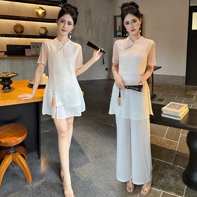 Рабочая одежда для техников в зале здоровья для ванн для ног Художник по чаю мягкая рабочая одежда национальный стиль китайский градиент печать длинные брюки