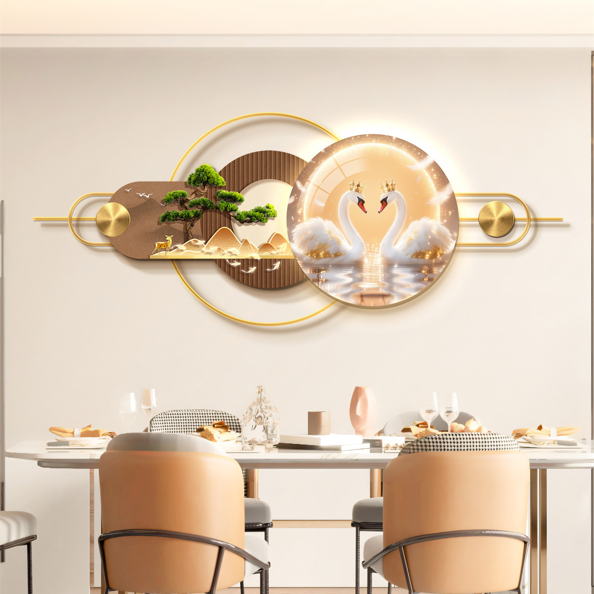 Restaurant Three-Dimensional Mural Decorative Painting Atmosphere Light Painting High-End Room Background Wall Aluminum Alloy Combination Hanging Painting