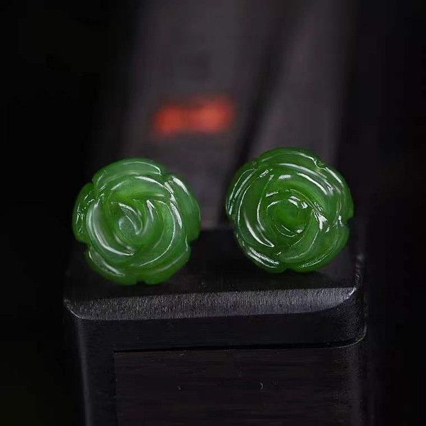 New Green Jade Authentic Women's Jade Rose Flower Earrings Women's 925 Sterling Silver Retro Style Earrings