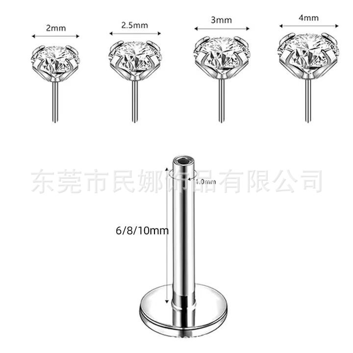 16G/18G Titanium Steel Pin Lip Nail Ear Bone Nail Round Oxidized Aaa Zircon Plug-In Tongue Nail Piercing Jewelry