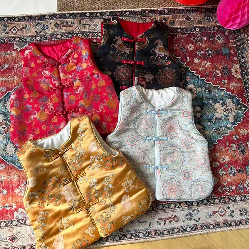 Мужской ханфу костюм зимний детский ретро танг костюм золотой шелковый жаккардовый стеганый жилет новогодний наряд теплый жакет