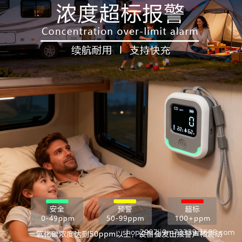 Foreign Trade Cross-Border 3-in-1 Carbon Monoxide Detector Co Portable Outdoor Camping Rv Temperature and Humidity Alarm