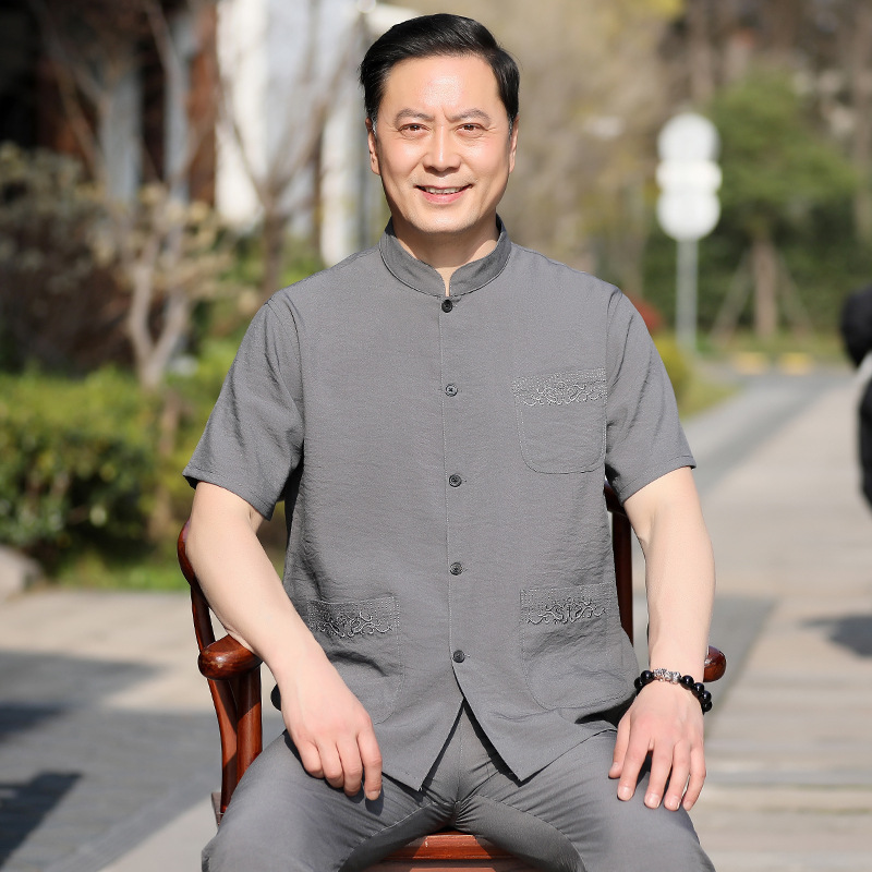 Tang Suit Men's Middle-aged and Elderly Short-sleeved Dad Ice Silk Suit Summer Thin Elderly Clothes Men's Chinese Style Hanfu Grandpa Suit
