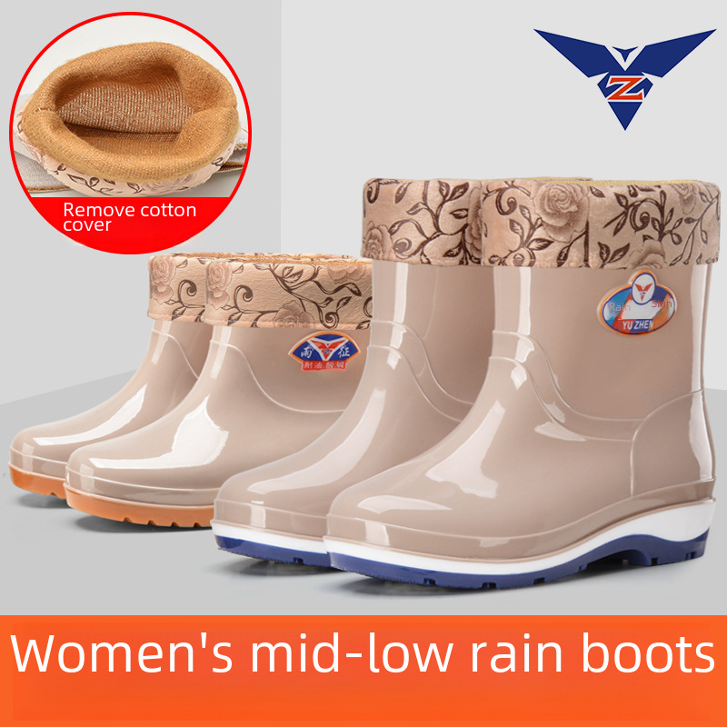 Rain Boots Rain Boots Rubber Boots Labor Safety Shoes Women's Kitchen Car Wash Middle Tube Low Heel Shoes Adult Outdoor Thickened Solid Color Spring and Autumn