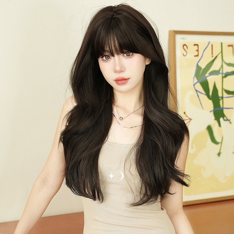 Autumn and Winter new wig women's long curly hair fashion natural full top head cover Chemical Fiber simulation straight bangs pullover long hair