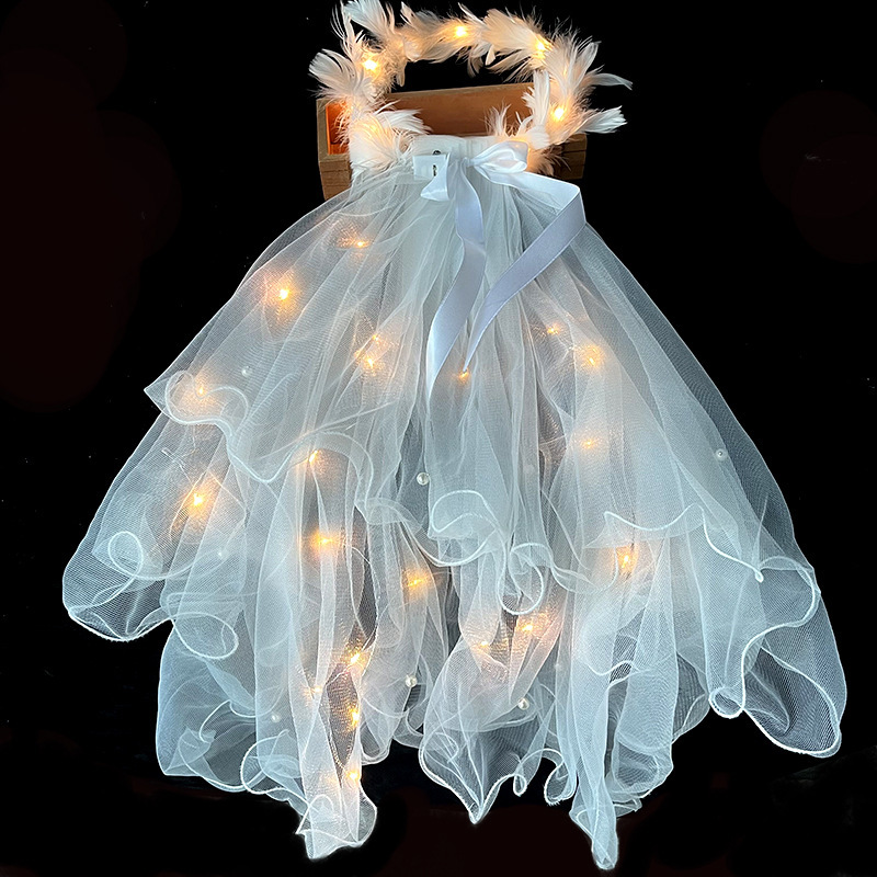 Internet Celebrity Luminous Veil Wedding Dress with Light Double Layer Tassel Pearl Crown Head Ribbon Bow Kidsren's Gauze Decoration