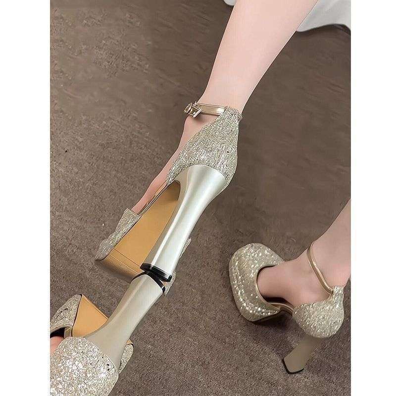 Beautiful Crystal Buckle Waterproof Platform High Heels for Women 2025 Summer Thick Heels That Are Not Tiring for Feet Silver Mary Jane Wedding Shoes