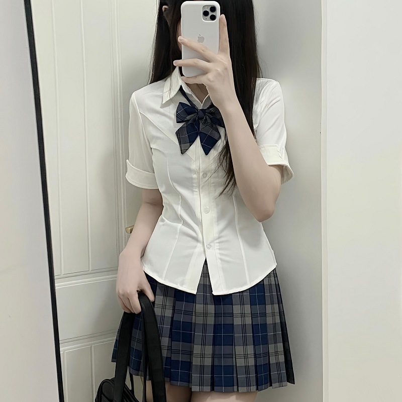Summer Original Jk Uniform Waist White Shirt Women's Short-Sleeved Sexy Preppy Style Shirt Dog Short Plaid Skirt Suit Autumn